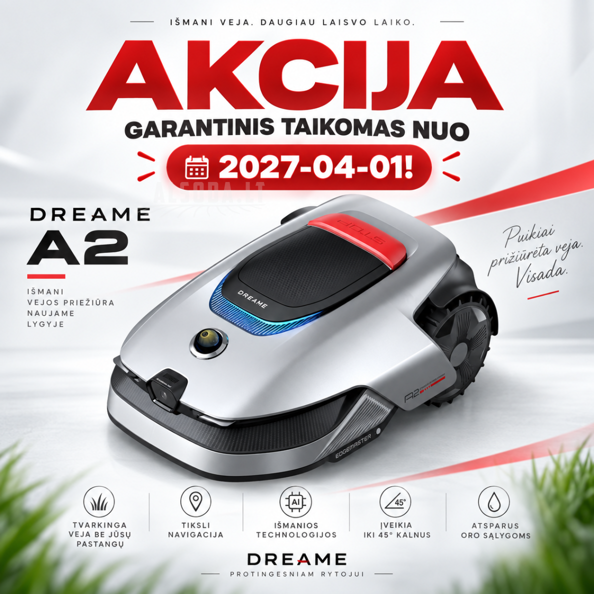 Dreame A2 Belaidis Vejos Robotas (30 arų)