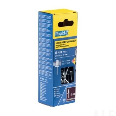 Kniedės aukštos kokybės  Al 4,8x10mm 50vnt + Drill C, Rapid