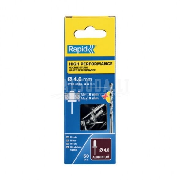 Kniedės Al 4,0x12mm 50 vnt + Drill C, Rapid 1 Kniedės Al 4,0x12mm 50 vnt + Drill C, Rapid 1