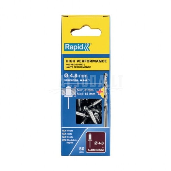 Kniedės aukštos kokybės Al 4,8x16mm 50vnt + Drill C, Rapid 1 Kniedės aukštos kokybės Al 4,8x16mm 50vnt + Drill C, Rapid 1