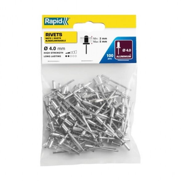 Kniedės, standartinės Al 4,0x8mm 100vnt, Rapid Kniedės, standartinės Al 4,0x8mm 100vnt, Rapid