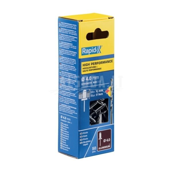 Kniedės Al 4,0x12mm 50 vnt + Drill C, Rapid Kniedės Al 4,0x12mm 50 vnt + Drill C, Rapid