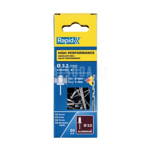 Kniedės aukštos kokybės Al 3,2x8mm 50vnt + Drill C, Rapid 1 Kniedės aukštos kokybės Al 3,2x8mm 50vnt + Drill C, Rapid 1