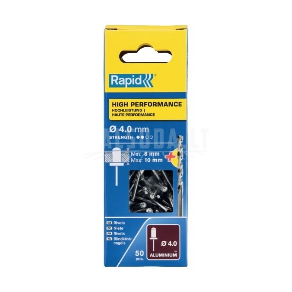 Kniedės aukštos kokybės Al 4,0x14mm 50vnt + Drill C, Rapid 1 Kniedės aukštos kokybės Al 4,0x14mm 50vnt + Drill C, Rapid 1