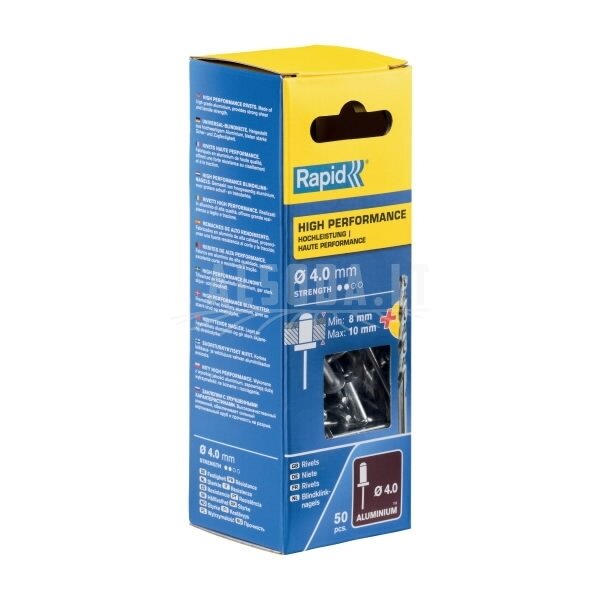 Kniedės aukštos kokybės Al 4,0x14mm 50vnt + Drill C, Rapid Kniedės aukštos kokybės Al 4,0x14mm 50vnt + Drill C, Rapid