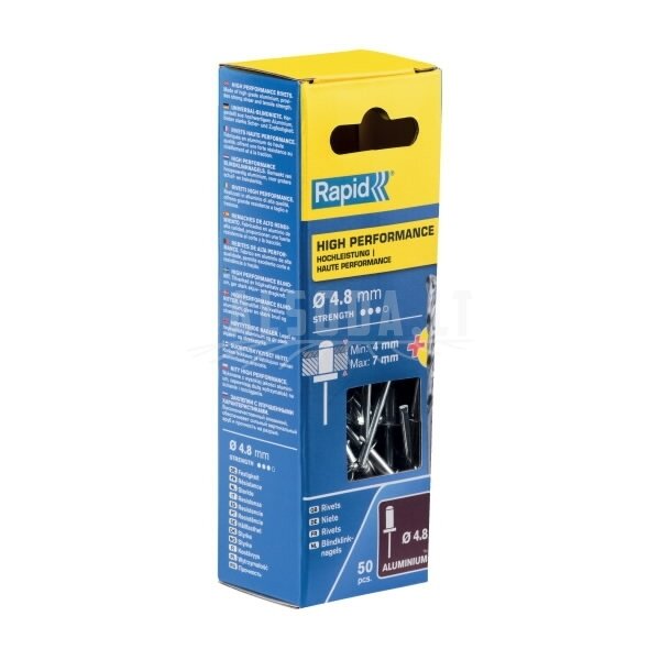 Kniedės aukštos kokybės Al 4,8x10mm 50vnt + Drill C, Rapid Kniedės aukštos kokybės Al 4,8x10mm 50vnt + Drill C, Rapid