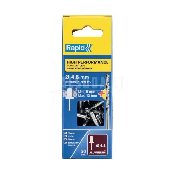 Kniedės aukštos kokybės Al 4,8x16mm 50vnt + Drill C, Rapid 1 Kniedės aukštos kokybės Al 4,8x16mm 50vnt + Drill C, Rapid 1