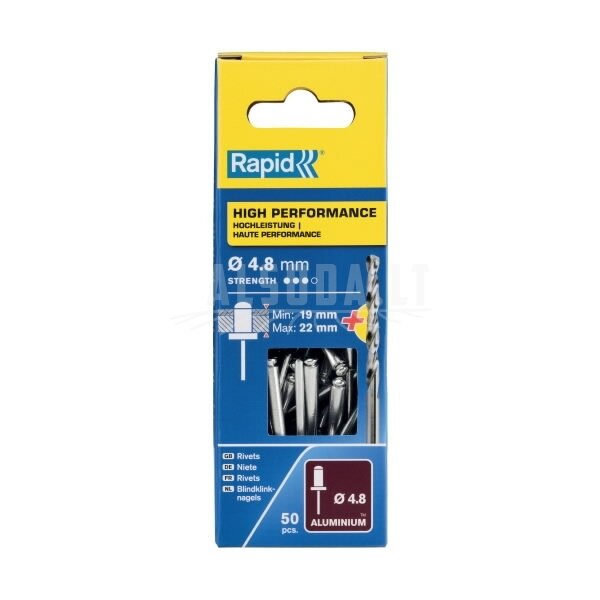 Kniedės aukštos kokybės Al 4,8x25mm 50vnt + Drill C, Rapid 1 Kniedės aukštos kokybės Al 4,8x25mm 50vnt + Drill C, Rapid 1