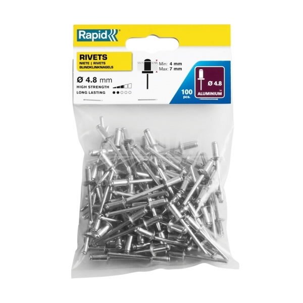 Kniedės, standartinės Al 4,8x10mm 100 vnt, Rapid Kniedės, standartinės Al 4,8x10mm 100 vnt, Rapid