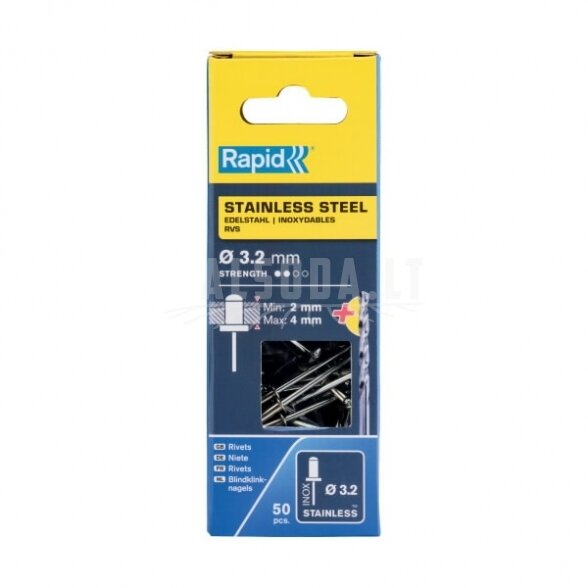 Nerūdijančio plieno kniedės 3,2x8mm 50vnt + Drill C, Rapid 1 Nerūdijančio plieno kniedės 3,2x8mm 50vnt + Drill C, Rapid 1