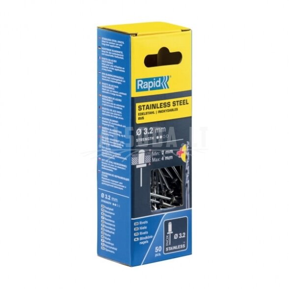 Nerūdijančio plieno kniedės 3,2x8mm 50vnt + Drill C, Rapid Nerūdijančio plieno kniedės 3,2x8mm 50vnt + Drill C, Rapid