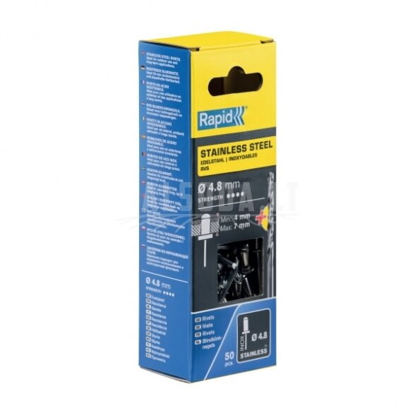 Nerūdijančio plieno kniedės 4,8x10mm 50vnt + Drill C, Rapid Nerūdijančio plieno kniedės 4,8x10mm 50vnt + Drill C, Rapid