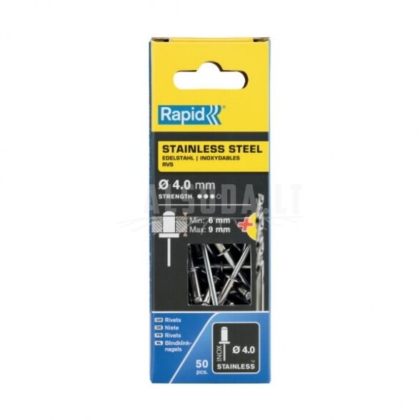 Nerūdijančio plieno kniedės4,0x12mm 50pcs + Drill C, Rapid 1 Nerūdijančio plieno kniedės4,0x12mm 50pcs + Drill C, Rapid 1