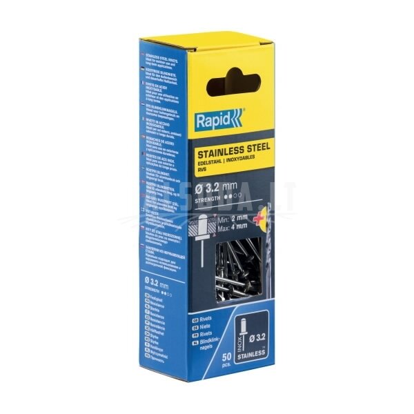 Nerūdijančio plieno kniedės 3,2x8mm 50vnt + Drill C, Rapid Nerūdijančio plieno kniedės 3,2x8mm 50vnt + Drill C, Rapid