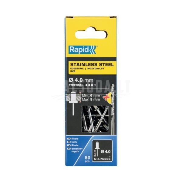 Nerūdijančio plieno kniedės4,0x12mm 50pcs + Drill C, Rapid 1 Nerūdijančio plieno kniedės4,0x12mm 50pcs + Drill C, Rapid 1