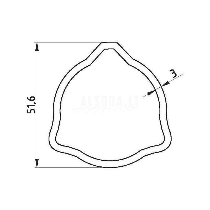 Profilinis vamzdis, išorinis trikampis, T50, Ø į vidų: 45,6, Ø iš išorės: 51,6x45,6x3 mm, ilgis: 1,4 m, kampas 1