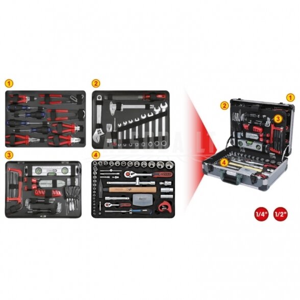 Universalus įrankių komplektas 1/4"+1/2" 127 vnt, KS Tools Universalus įrankių komplektas 1/4"+1/2" 127 vnt, KS Tools