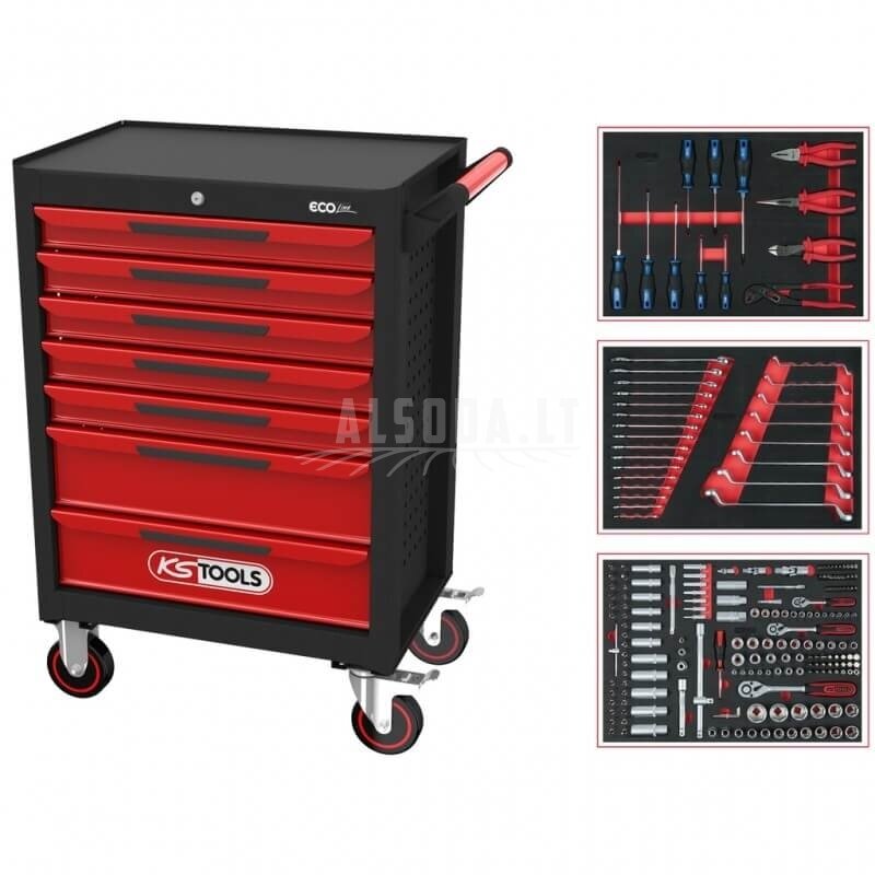 Vežimėlis su 215vnt. įrankių KS TOOLS ECOline, 7 stalčiai Vežimėlis su 215vnt. įrankių KS TOOLS ECOline, 7 stalčiai